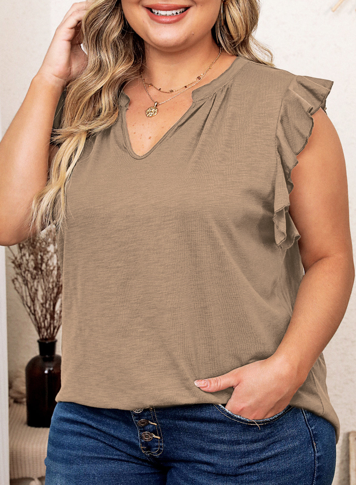 Womens Tops Summer Ruffle Short Sleeve Eyelet V Neck T Shirts Plus Size