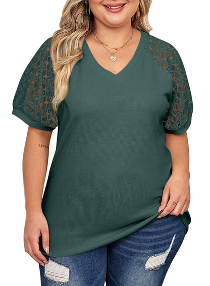 Waffle Lace Patchwork Short Sleeve V-Neck T-Shirt Top Plus Size