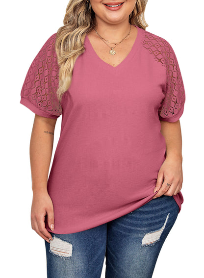 Waffle Lace Patchwork Short Sleeve V-Neck T-Shirt Top Plus Size