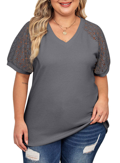 Waffle Lace Patchwork Short Sleeve V-Neck T-Shirt Top Plus Size