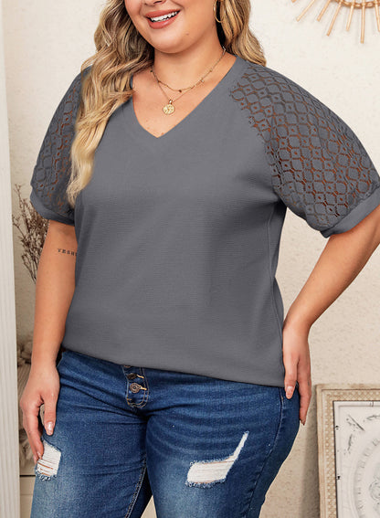 Waffle Lace Patchwork Short Sleeve V-Neck T-Shirt Top Plus Size