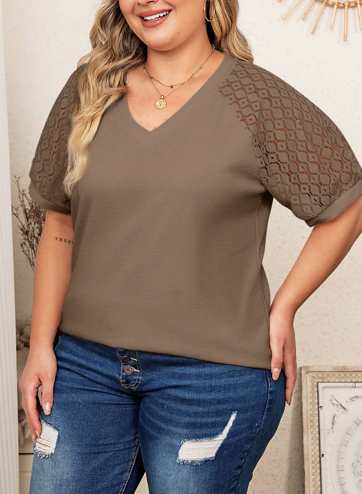 Waffle Lace Patchwork Short Sleeve V-Neck T-Shirt Top Plus Size