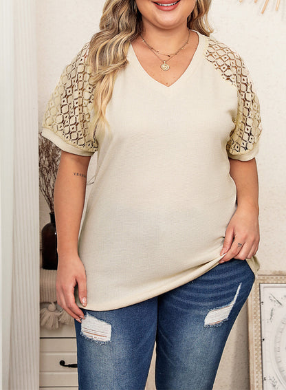 Waffle Lace Patchwork Short Sleeve V-Neck T-Shirt Top Plus Size