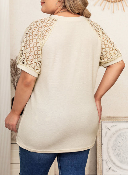 Waffle Lace Patchwork Short Sleeve V-Neck T-Shirt Top Plus Size