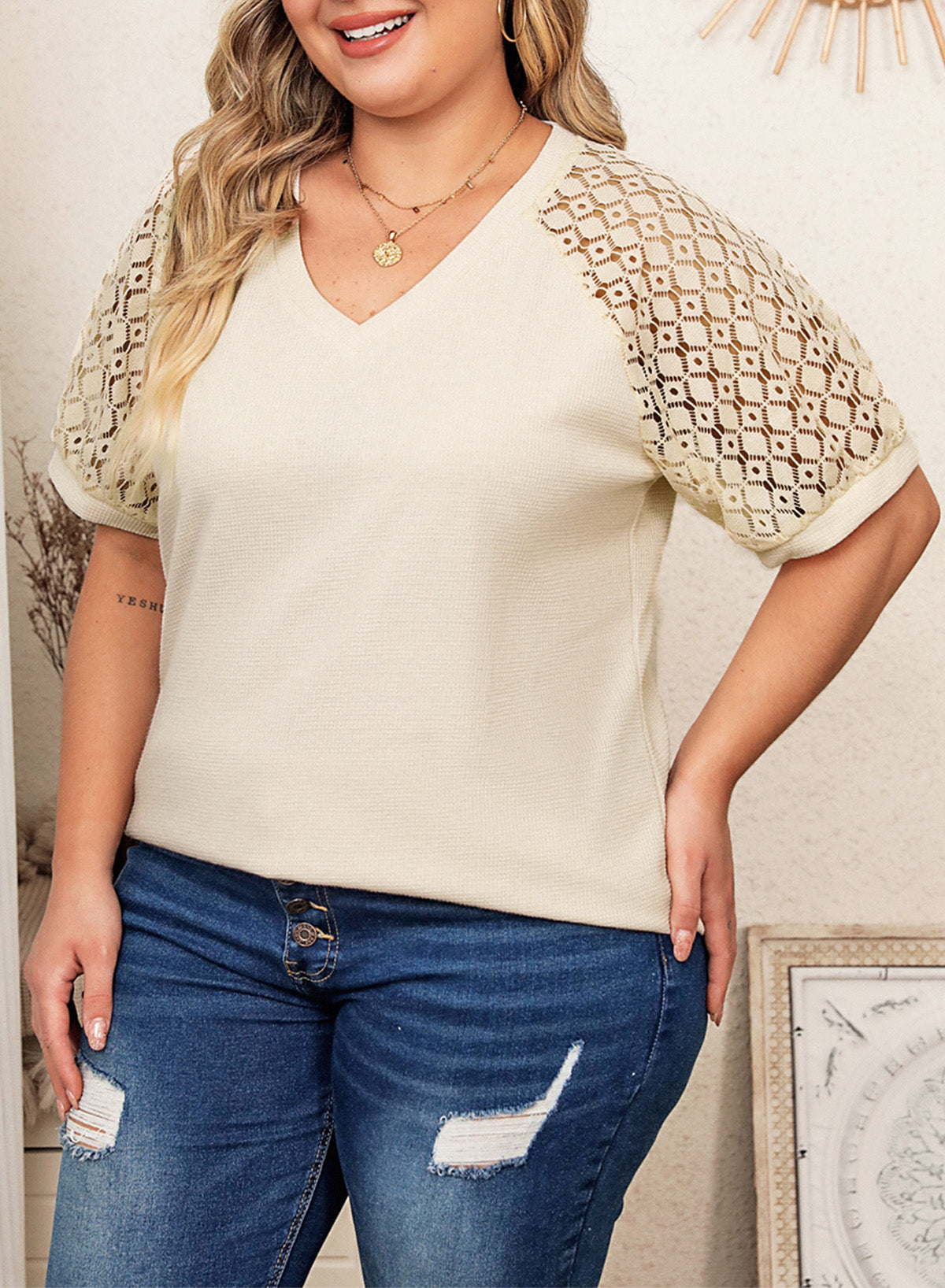 Waffle Lace Patchwork Short Sleeve V-Neck T-Shirt Top Plus Size