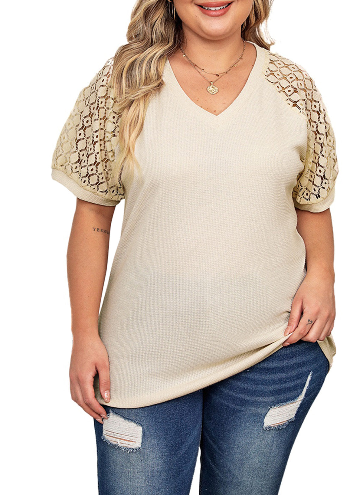 Waffle Lace Patchwork Short Sleeve V-Neck T-Shirt Top Plus Size