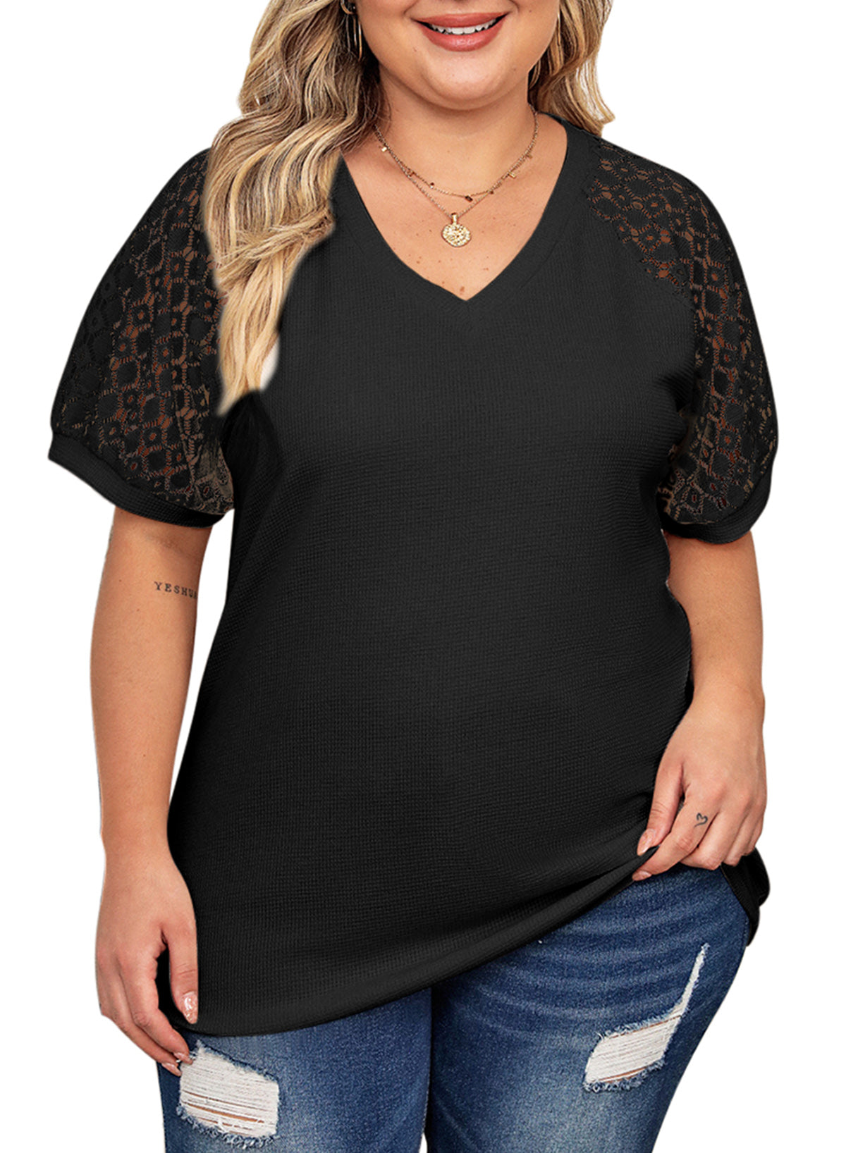 Waffle Lace Patchwork Short Sleeve V-Neck T-Shirt Top Plus Size