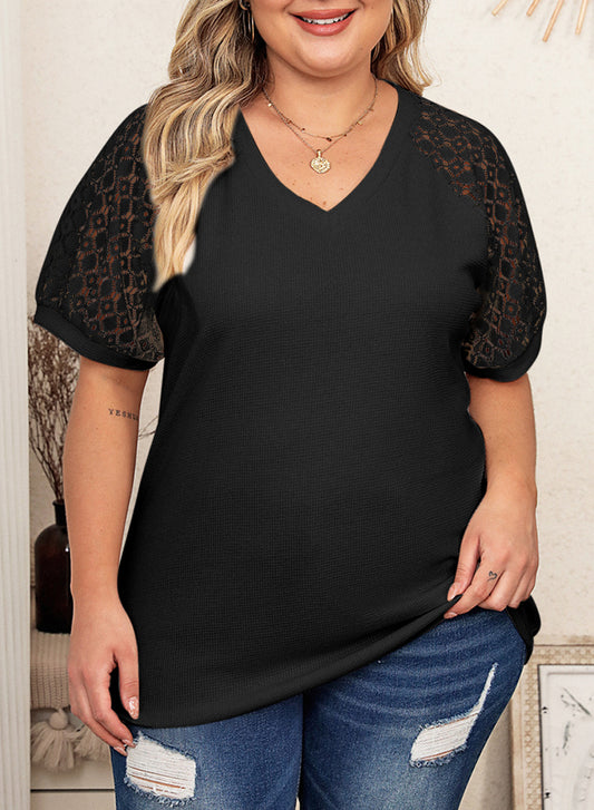 Waffle Lace Patchwork Short Sleeve V-Neck T-Shirt Top Plus Size