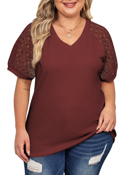 Waffle Lace Patchwork Short Sleeve V-Neck T-Shirt Top Plus Size