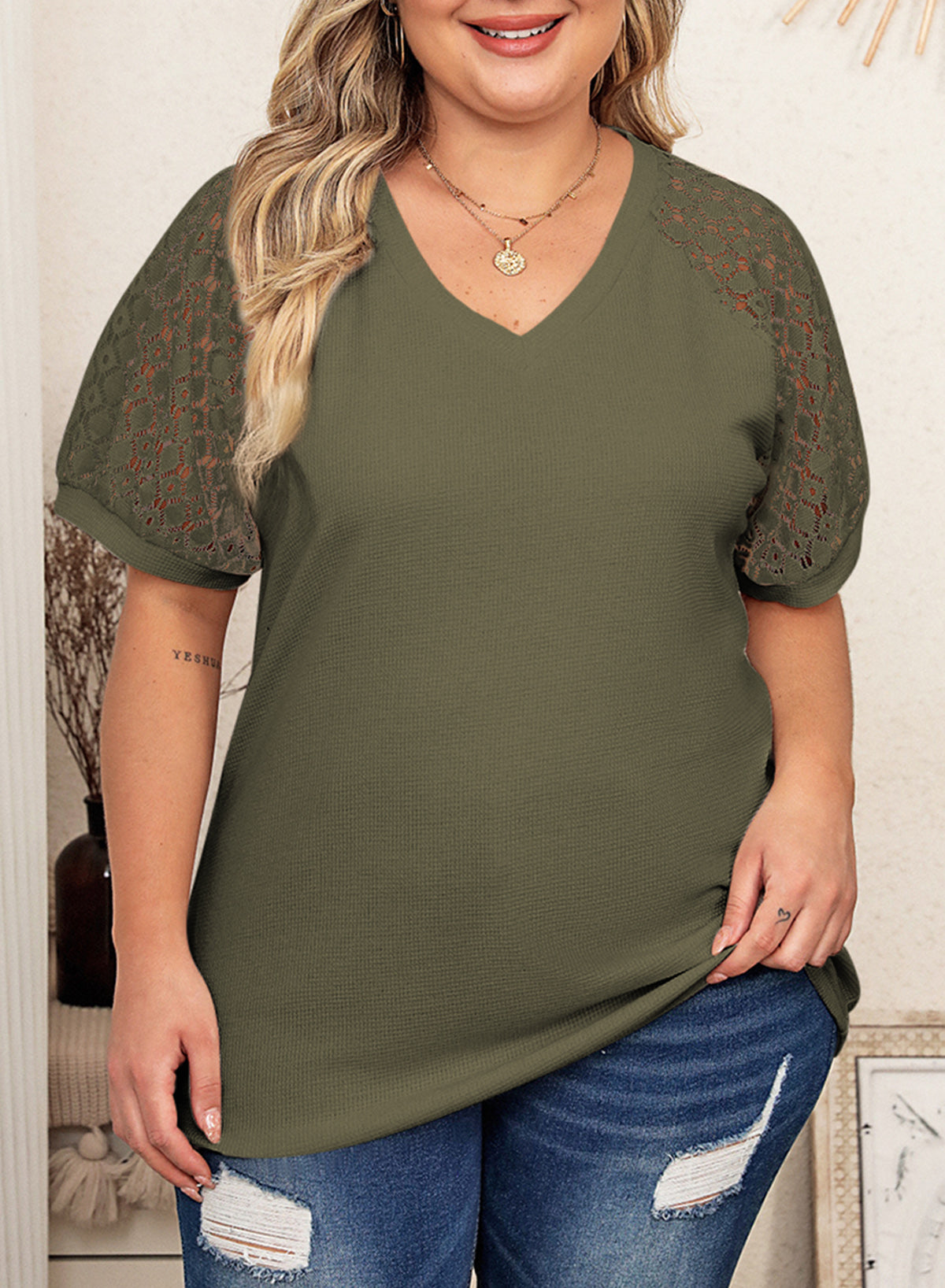 Waffle Lace Patchwork Short Sleeve V-Neck T-Shirt Top Plus Size