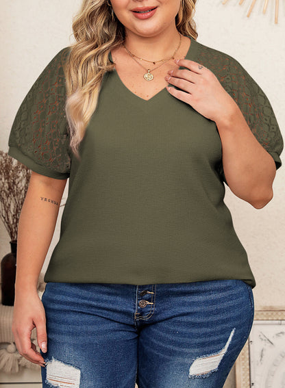 Waffle Lace Patchwork Short Sleeve V-Neck T-Shirt Top Plus Size