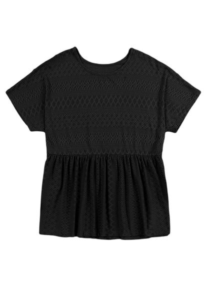 Plain Round Neck Broderie Anglaise Ruffles T-shirt