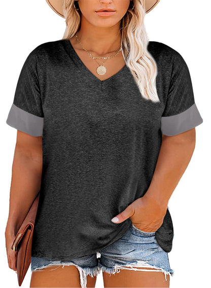 Versatile Deep V Color Blocking Split Loose Plus Size T-shirt