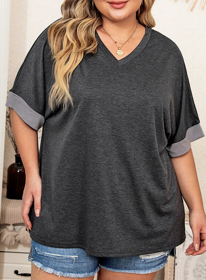 Versatile Deep V Color Blocking Split Loose Plus Size T-shirt