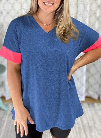 Versatile Deep V Color Blocking Split Loose Plus Size T-shirt