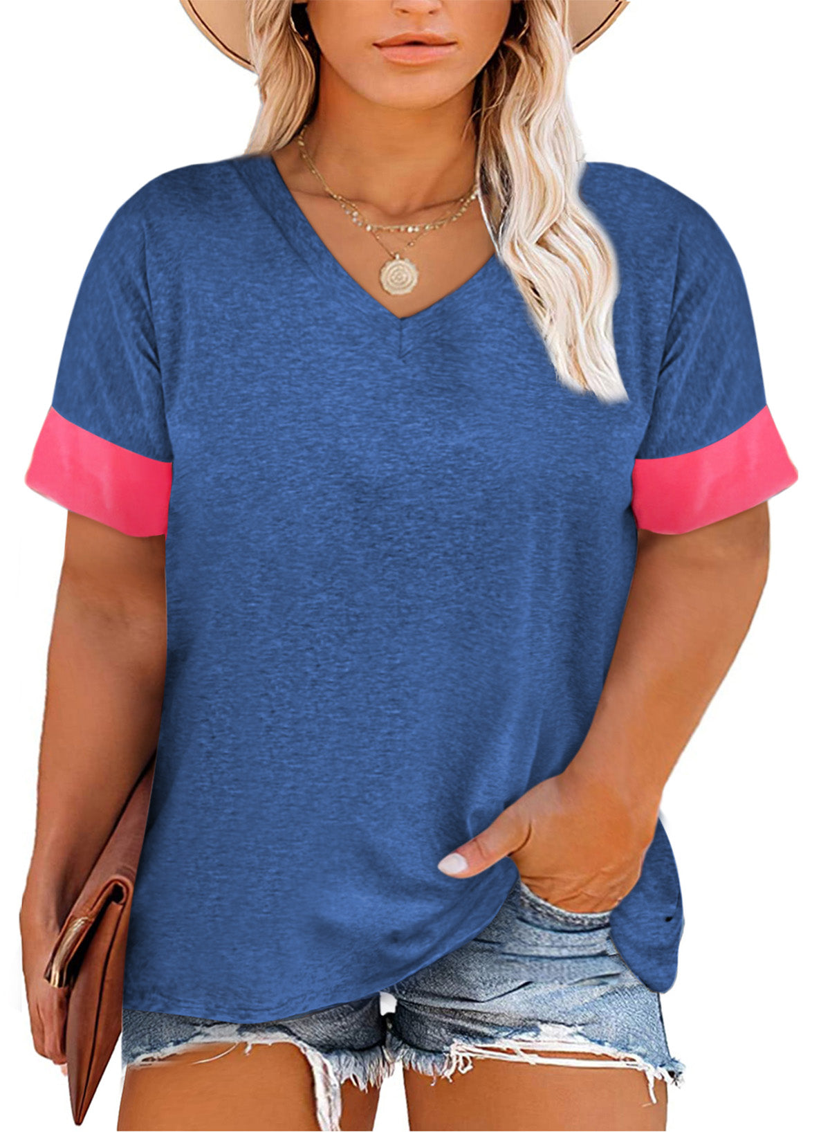 Versatile Deep V Color Blocking Split Loose Plus Size T-shirt