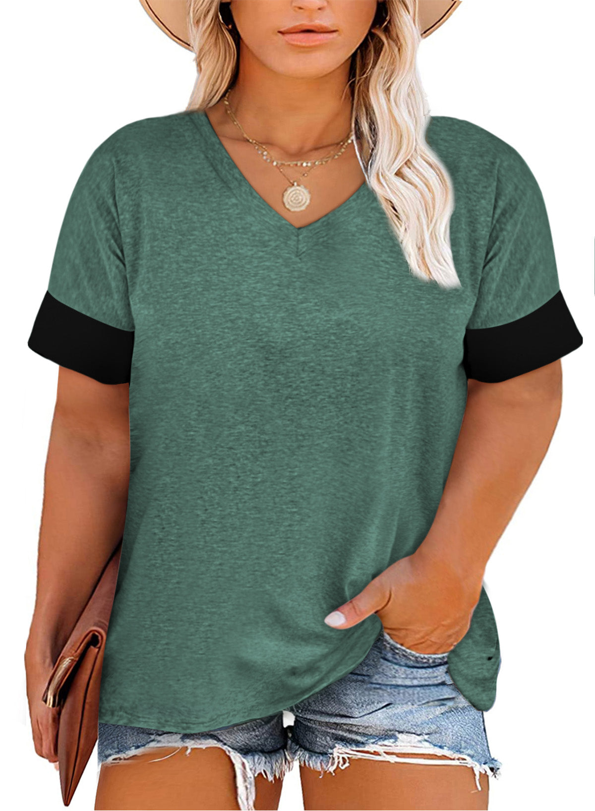 Versatile Deep V Color Blocking Split Loose Plus Size T-shirt