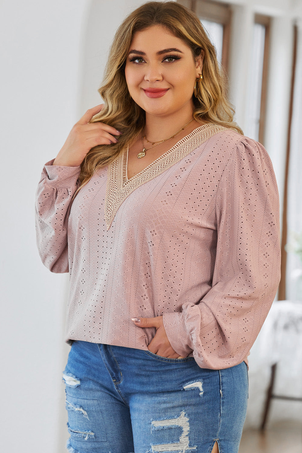 Womens Plus Size Tops Lace V Neck Long Sleeve Shirts