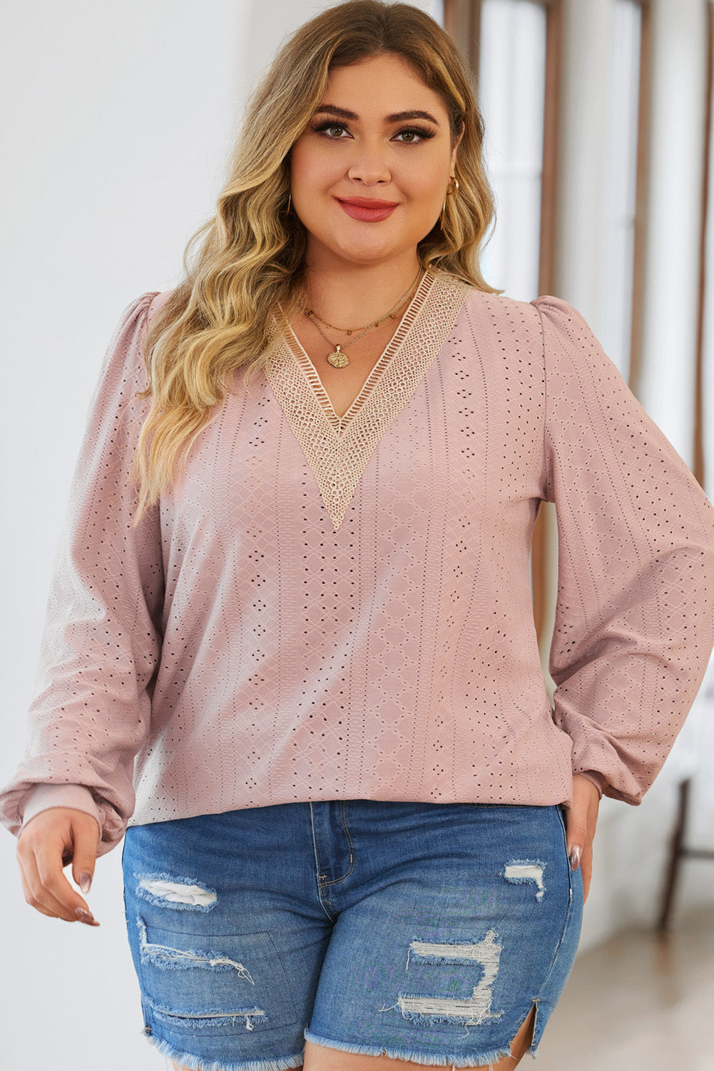 Womens Plus Size Tops Lace V Neck Long Sleeve Shirts