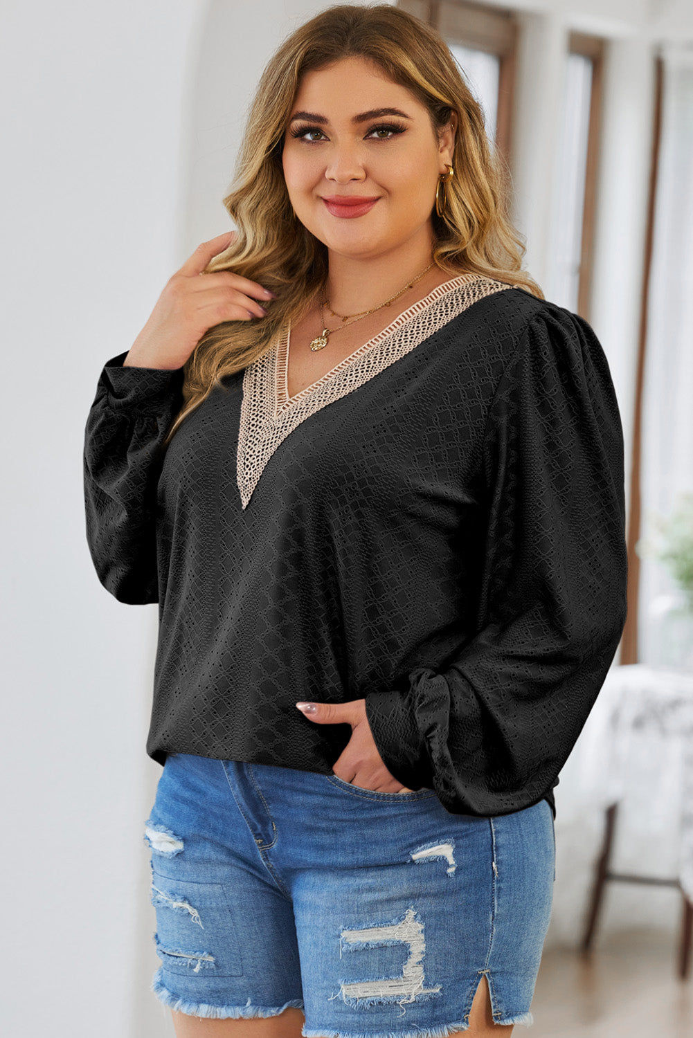 Womens Plus Size Tops Lace V Neck Long Sleeve Shirts