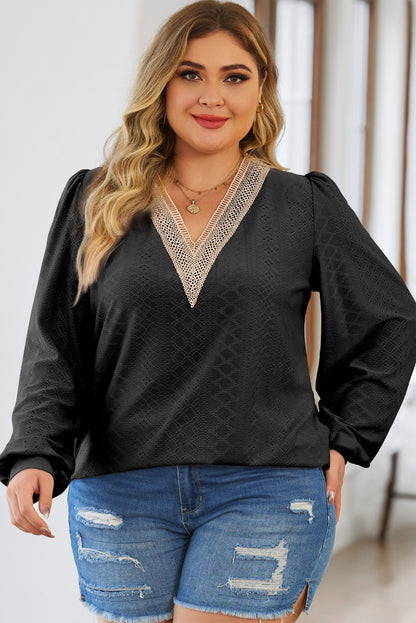 Womens Plus Size Tops Lace V Neck Long Sleeve Shirts