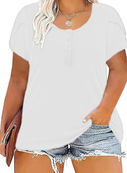 Womens Plus-Size Tops Summer Petal Short Sleeve Scoop Neck Shirts