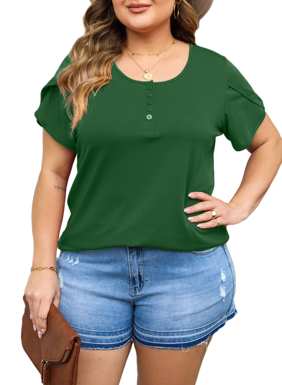 Womens Plus-Size Tops Summer Petal Short Sleeve Scoop Neck Shirts