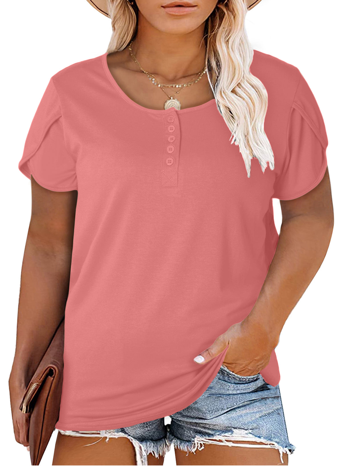 Womens Plus-Size Tops Summer Petal Short Sleeve Scoop Neck Shirts