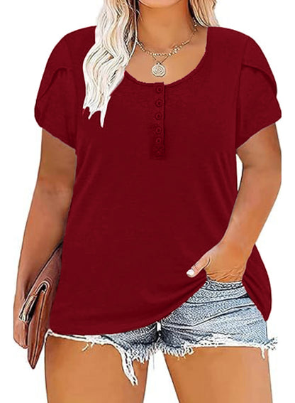 Womens Plus-Size Tops Summer Petal Short Sleeve Scoop Neck Shirts