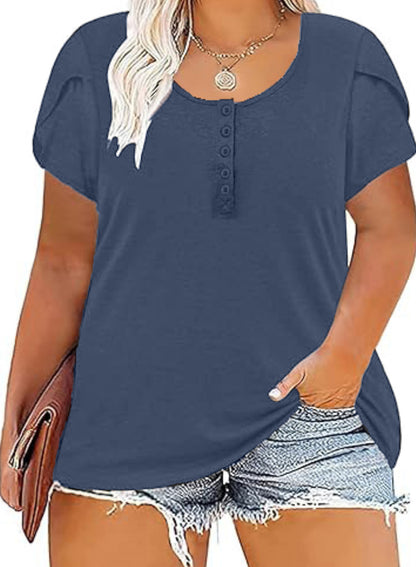 Womens Plus-Size Tops Summer Petal Short Sleeve Scoop Neck Shirts