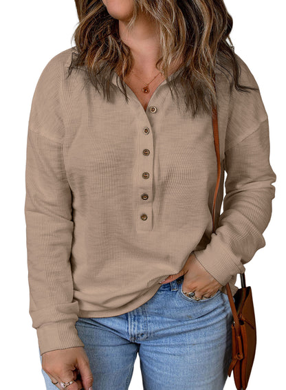 Casual Long Sleeve Waffle Knit Plus Size Shirts Blouses Pullovers Button Front Turn-down Neck Top
