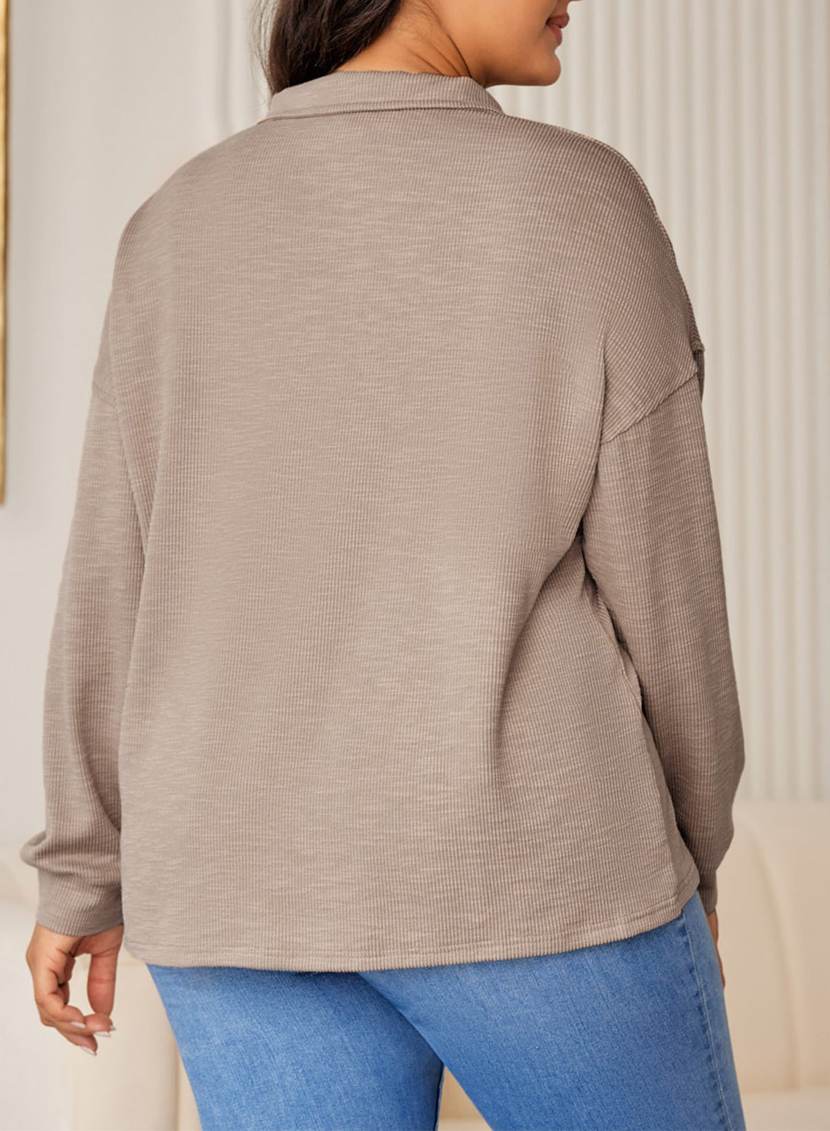 Casual Long Sleeve Waffle Knit Plus Size Shirts Blouses Pullovers Button Front Turn-down Neck Top