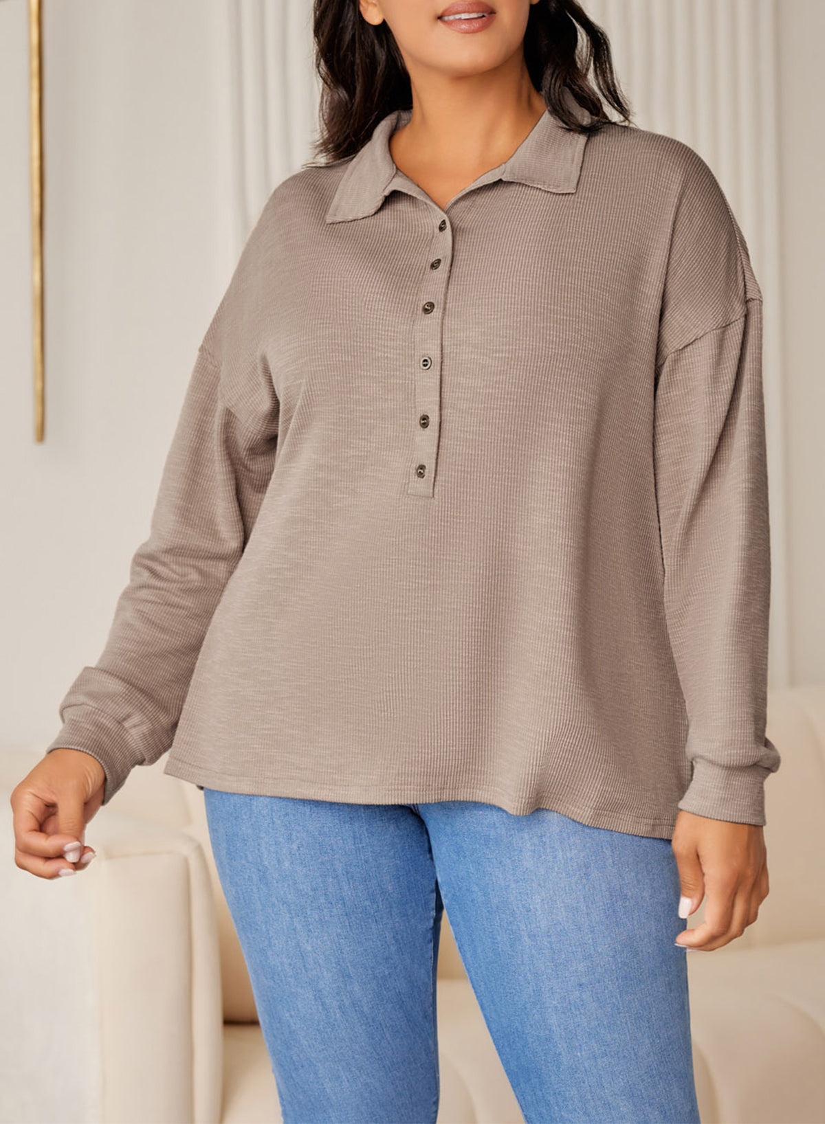 Casual Long Sleeve Waffle Knit Plus Size Shirts Blouses Pullovers Button Front Turn-down Neck Top