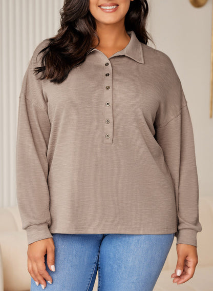 Casual Long Sleeve Waffle Knit Plus Size Shirts Blouses Pullovers Button Front Turn-down Neck Top