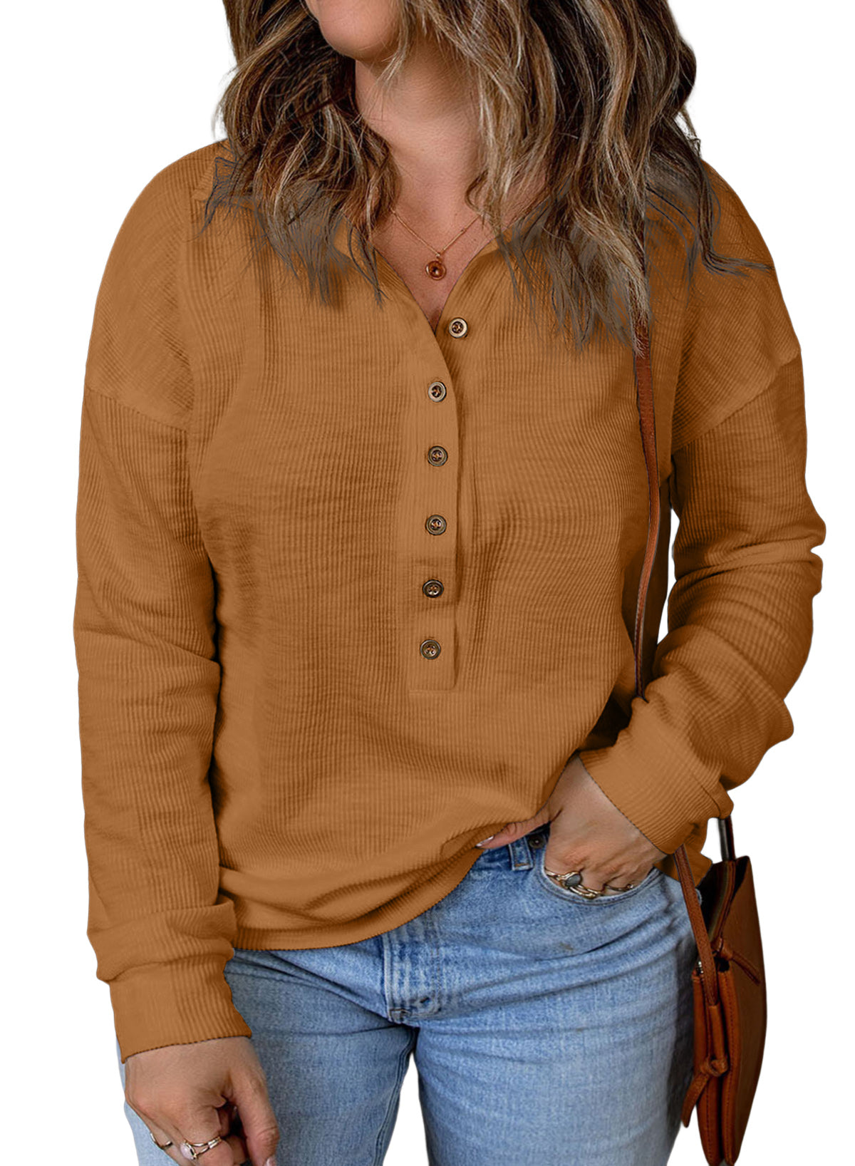 Casual Long Sleeve Waffle Knit Plus Size Shirts Blouses Pullovers Button Front Turn-down Neck Top