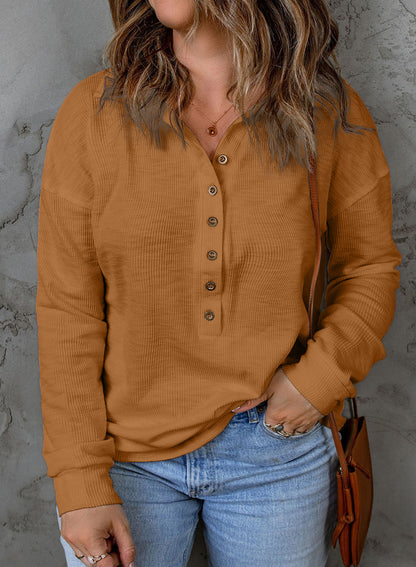 Casual Long Sleeve Waffle Knit Plus Size Shirts Blouses Pullovers Button Front Turn-down Neck Top