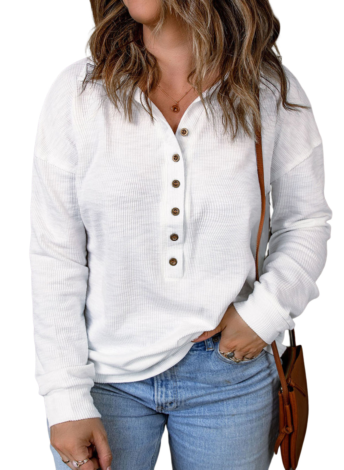 Casual Long Sleeve Waffle Knit Plus Size Shirts Blouses Pullovers Button Front Turn-down Neck Top