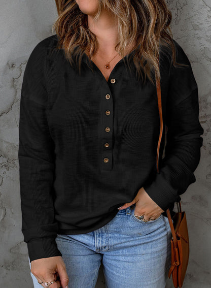 Casual Long Sleeve Waffle Knit Plus Size Shirts Blouses Pullovers Button Front Turn-down Neck Top