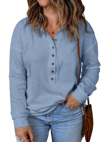 Casual Long Sleeve Waffle Knit Plus Size Shirts Blouses Pullovers Button Front Turn-down Neck Top