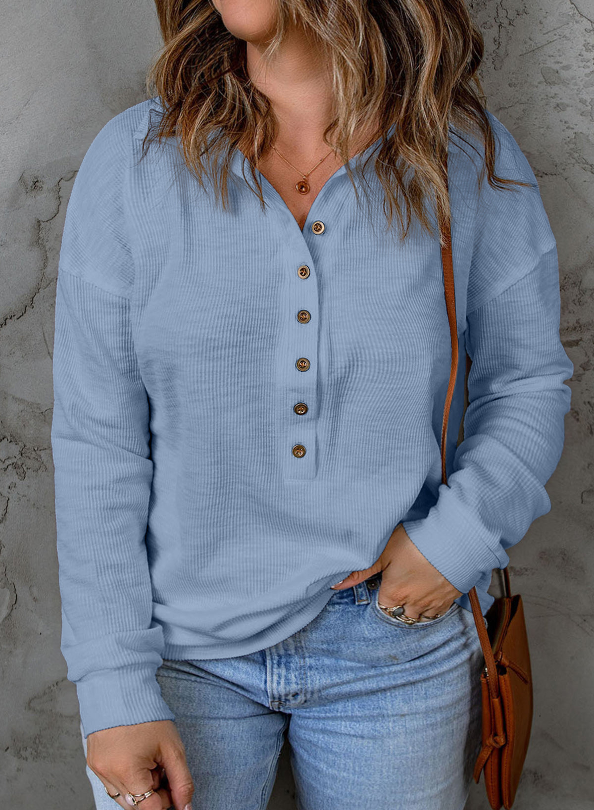 Casual Long Sleeve Waffle Knit Plus Size Shirts Blouses Pullovers Button Front Turn-down Neck Top