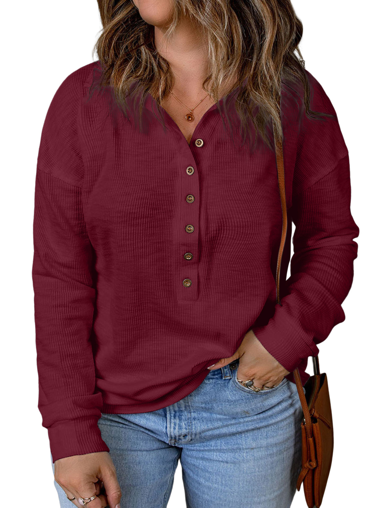 Casual Long Sleeve Waffle Knit Plus Size Shirts Blouses Pullovers Button Front Turn-down Neck Top