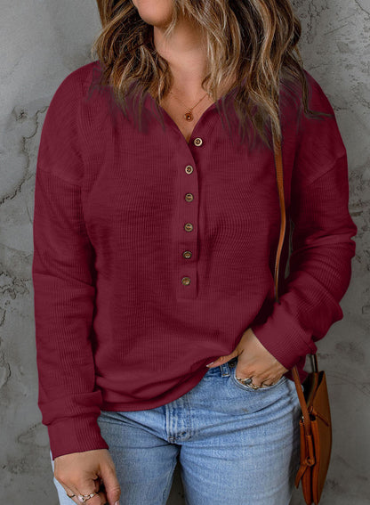 Casual Long Sleeve Waffle Knit Plus Size Shirts Blouses Pullovers Button Front Turn-down Neck Top