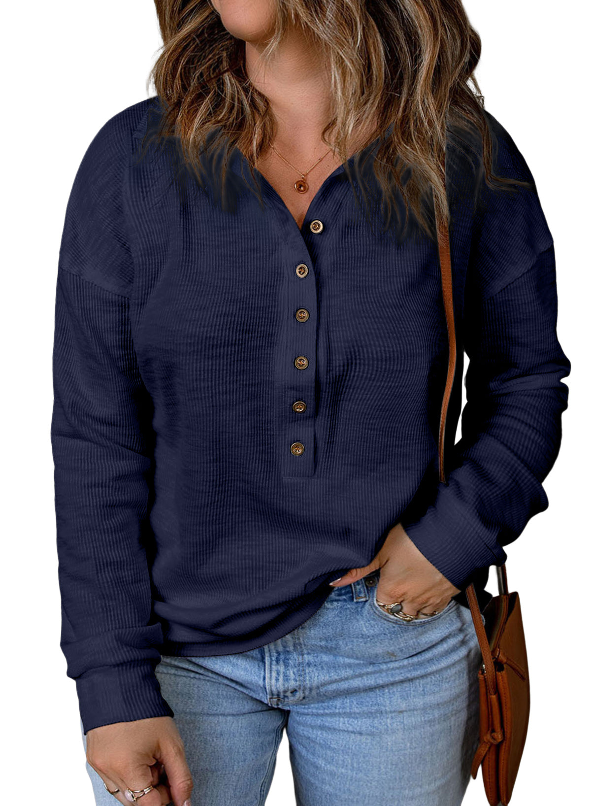 Casual Long Sleeve Waffle Knit Plus Size Shirts Blouses Pullovers Button Front Turn-down Neck Top