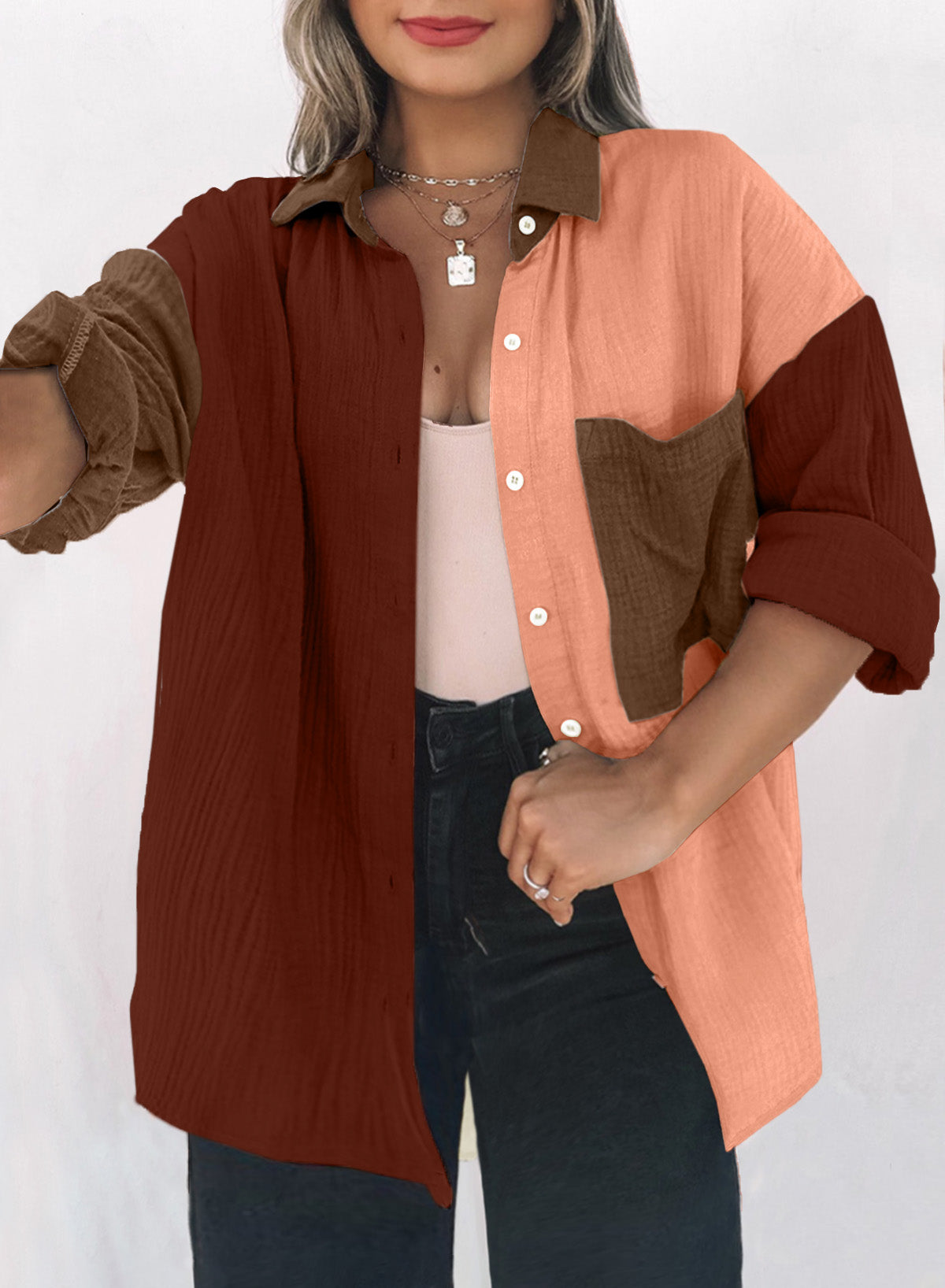 Plus Size Colorblock Crinkled Pocketed Shirt Long Sleeve Blouse