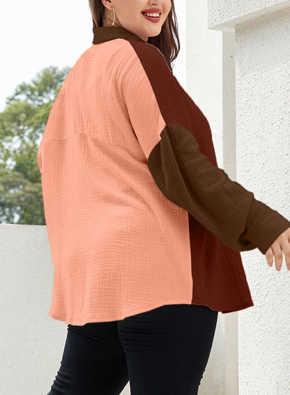 Plus Size Colorblock Crinkled Pocketed Shirt Long Sleeve Blouse