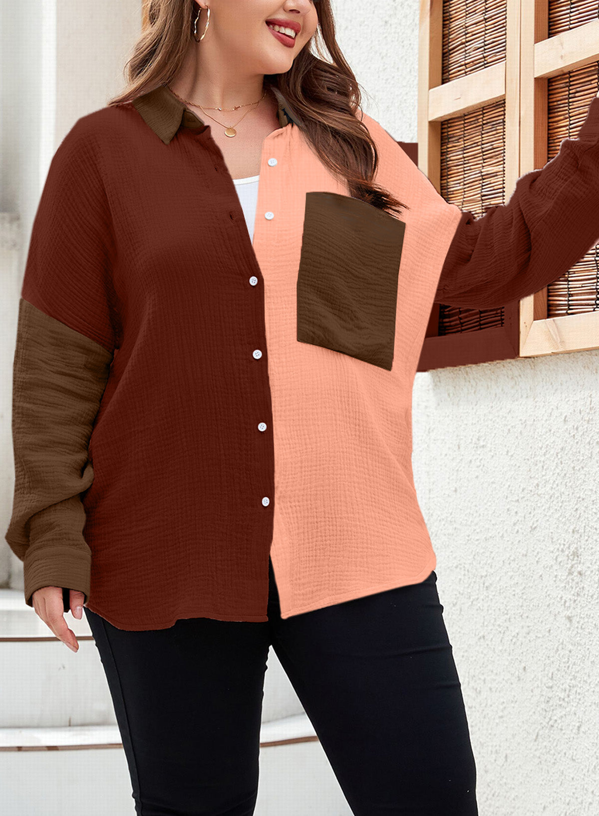 Plus Size Colorblock Crinkled Pocketed Shirt Long Sleeve Blouse