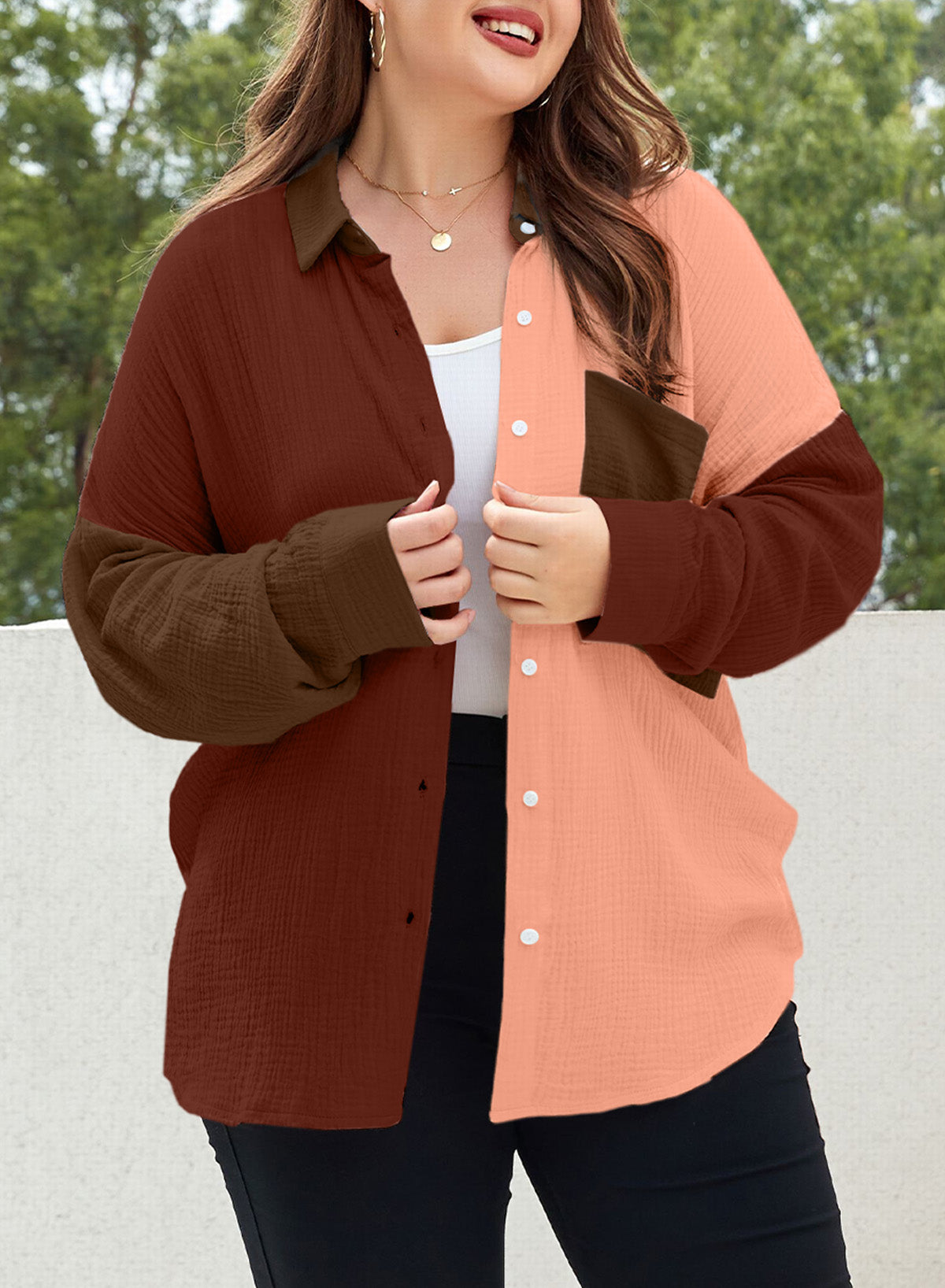 Plus Size Colorblock Crinkled Pocketed Shirt Long Sleeve Blouse