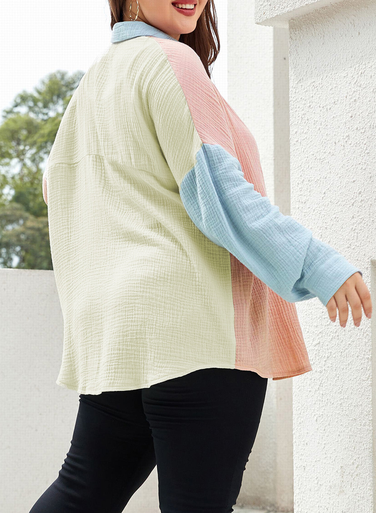 Plus Size Colorblock Crinkled Pocketed Shirt Long Sleeve Blouse