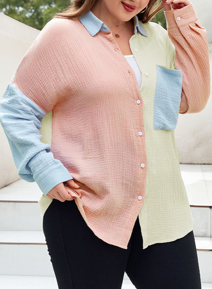 Plus Size Colorblock Crinkled Pocketed Shirt Long Sleeve Blouse