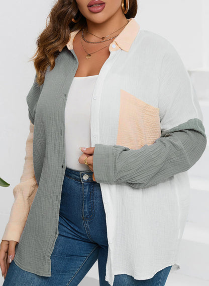 Plus Size Colorblock Crinkled Pocketed Shirt Long Sleeve Blouse